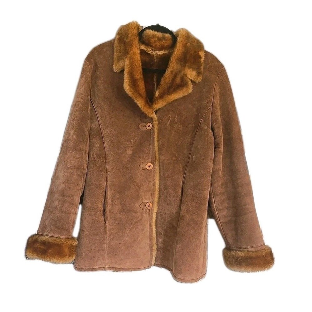 VTG Women's Brown Suede Leather Jacket Faux Fur, Sz XL